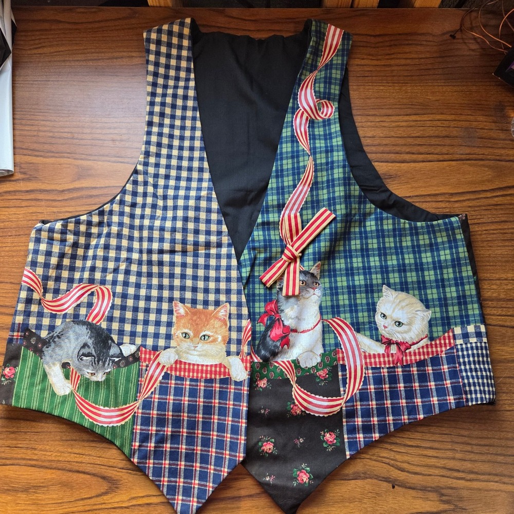 Handmade Vintage Style Cat Patchwork Vest Plaid Floral Kitten Ribbon Large